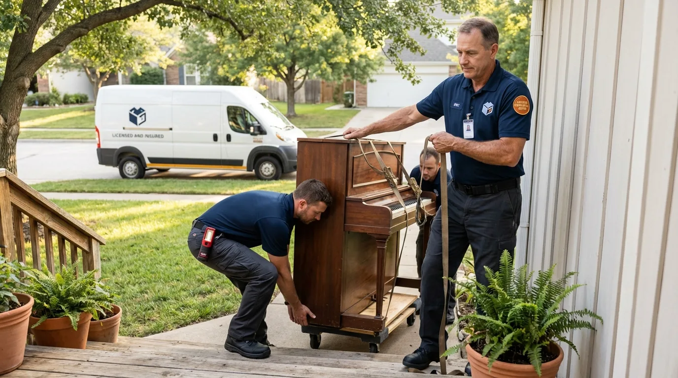 Licensed piano movers securing grand piano in Harker Heights, TX