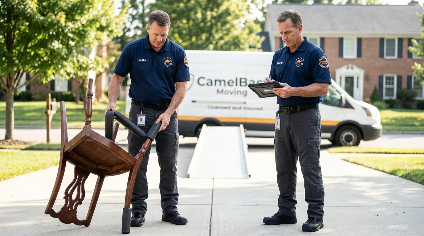 Movers inspecting furniture for damage prevention before loading in Harker Heights, TX