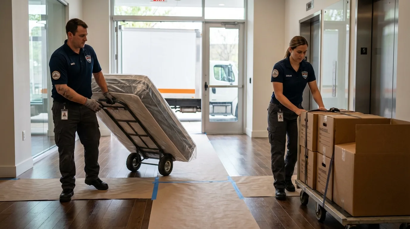 Professional apartment movers loading elevator in Harker Heights, TX
